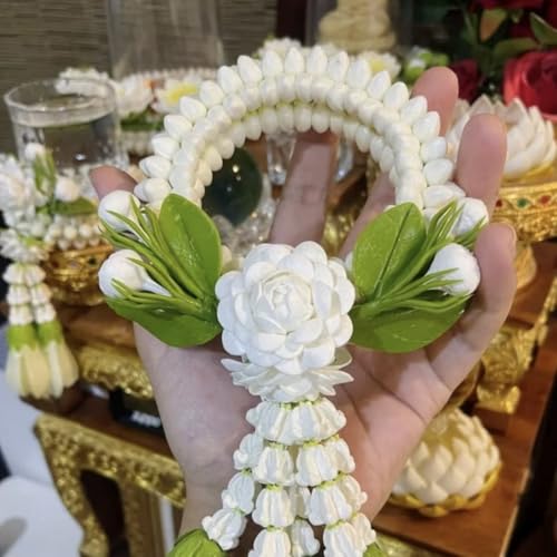 Product: Handmade Thai Garland – Artificial Jasmine Lei with Clay Orchid & Crown Flowers, 10” Long Floral Decoration for Home Altar & Spiritual Gift