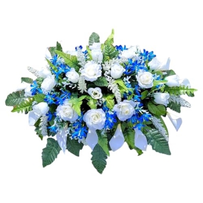 Product: Cream Calla Lilies Headstone Saddle, Roses Royal Blue Filler Grave Flowers for Perfect Cemetery Decoration Garland for Table Centerpiece Holiday Party Weddi