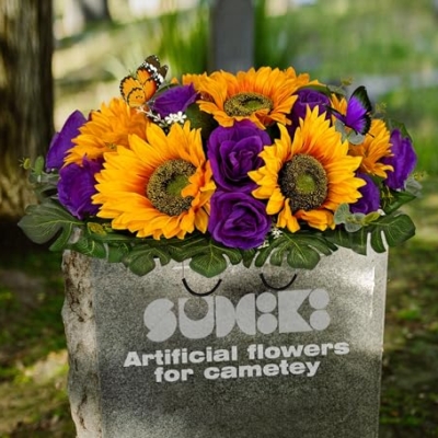 Product: SUHOOKOO Cemetery Flowers for Grave Decor,Silk Sunflower Rose Headstone Flower Saddle, Bright and Colorfast,Purple/Yellow