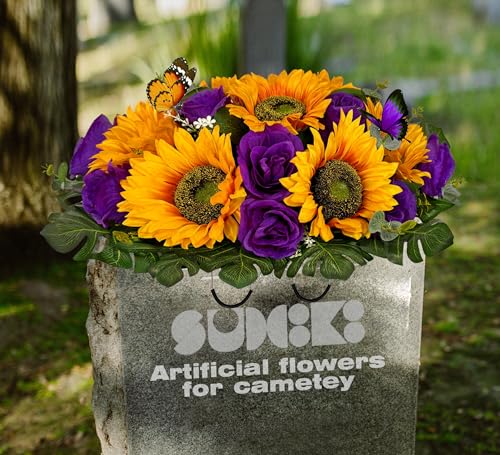 Product: SUHOOKOO Cemetery Flowers for Grave Decor,Silk Sunflower Rose Headstone Flower Saddle, Bright and Colorfast,Purple/Yellow