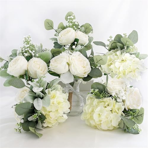 Silky Flower Store Artificial Bridesmaid Bouquet, Wedding Floral Centerpiece, Roses Hydrangea Eucalyptus, Rustic Hemp Rope, 10 Pcs 32.5cm 3 3 Product: Beautiful Flower Gentle Bridesmaid Bouquet, 10Pcs Artificial Floral Centerpiece for Wedding Bouquets, Ceremonies and Anniversary Proposals Used for Home Decoration, Weddings