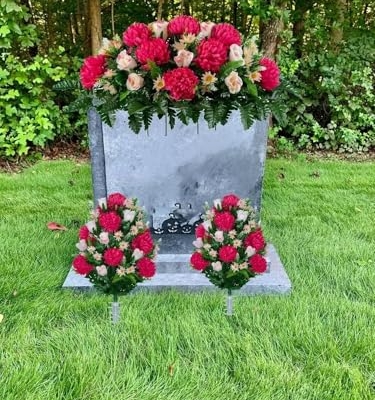 Product: Jucgghk Vivid and Realistic Floral Art Beauty Pink Mums and Light Pink Rose Buds Cemetery Flower Set,1 Saddle and 2 Bouquets Mothers Day Cemetery Flowers for Grave，Headstone Saddle(NO VASE)