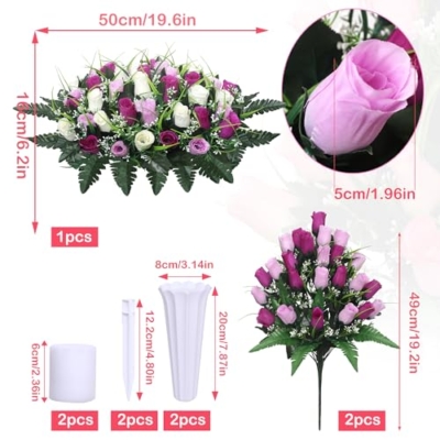 Product: Lodou Artificial Cemetery Flower Saddles for Graves, Cemetery Memorial Flowers with Vase and 2 Memorial Bouquets for Grave Tombstone,Outdoor Grave Saddle Headstone Decorations (Purple White)