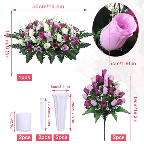 Product: Lodou Artificial Cemetery Flower Saddles for Graves, Cemetery Memorial Flowers with Vase and 2 Memorial Bouquets for Grave Tombstone,Outdoor Grave Saddle Headstone Decorations (Purple White)