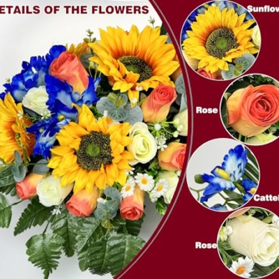 Product: Naramiji Artificial Cemetery Flowers for Grave Decoration: Sympathy & Memorial Bouquets with Headstone Saddle – Sunflower, Rose, Cattleya – Fade-Resistant