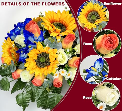 Product: Naramiji Artificial Cemetery Flowers for Grave Decoration: Sympathy & Memorial Bouquets with Headstone Saddle – Sunflower, Rose, Cattleya – Fade-Resistant
