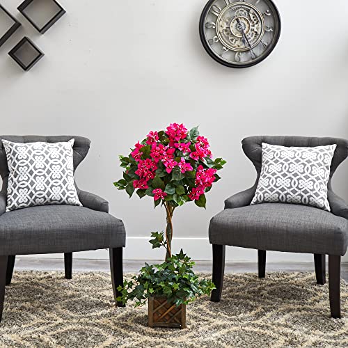 Silky Flower Store Artificial Bougainvillea Topiary in Wood Box, Faux Floral Arrangement, Rustic Country Pot, 34in. 3 3 Product: Nearly Natural 34in. Artificial Bougainvillea Topiary with Wood Box