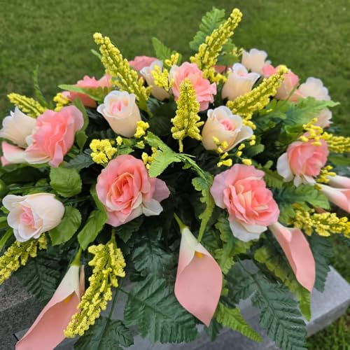 Silky Flower Store Peach Calla Lily Rose Grave Flower Headstone Saddle, Artificial Silk Memorial Garland, 30x22x10in 2 2 Product: Peach Headstone Saddle, Calla Lily and Rose Grave Flowers for Perfect Funeral or Memorial Decoration Garland for Table Centerpiece Holiday Party Weddi