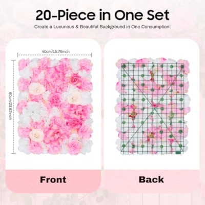 Product: 20-Pack Artificial Flower Wall Panels - 15.7"x23.6" Foam Dahlia & Rose Backdrop for Weddings, Parties - Pink/White/Green Silk Flowers