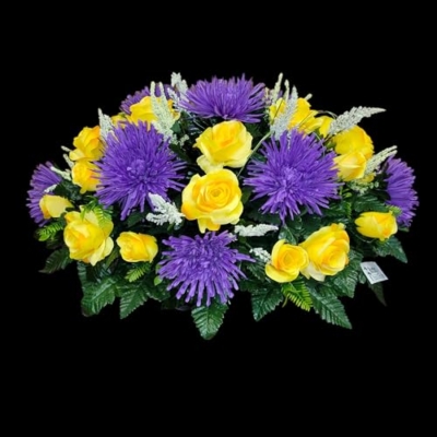Product: Purple Mums Headstone Saddle, Yellow Roses Silk Grave Flowers for Funeral or Cemetery Memorial Decoration Garland for Table Centerpiece Holiday Party Weddi