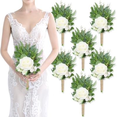 Product: Bride Bouquets & Bridesmaid Bouquets Set of 6 for Wedding Ivory White Rose Small Floral Greenery Bouquet for Wedding Bridal Shower Centerpiece Ceremony and Anniversary