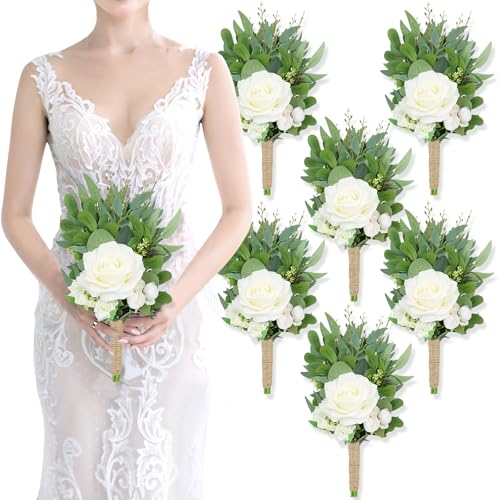 Product: Bride Bouquets & Bridesmaid Bouquets Set of 6 for Wedding Ivory White Rose Small Floral Greenery Bouquet for Wedding Bridal Shower Centerpiece Ceremony and Anniversary