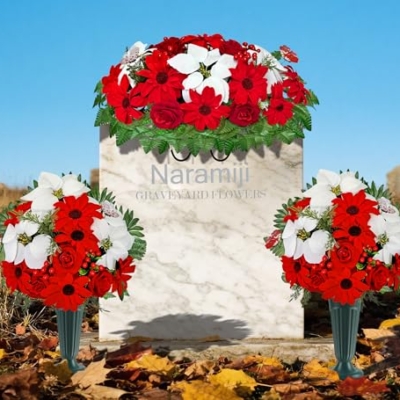Product: Naramiji 3 Piece Artificial Cemetery Flowers -Headstone Flower Saddle- Gravesite Flowers Bouquet - Christmas Decorations-Poinsettia Dahlia Rose