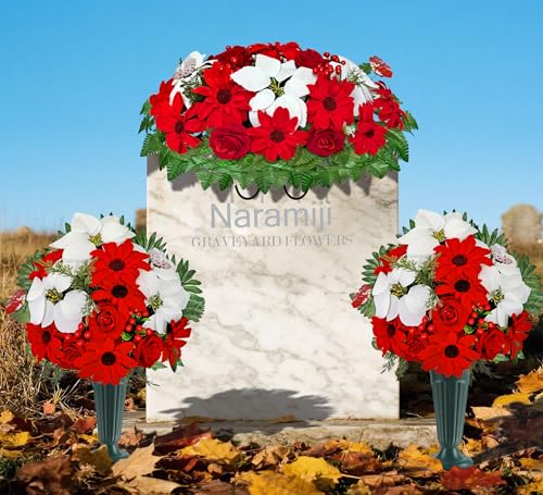Product: Naramiji 3 Piece Artificial Cemetery Flowers -Headstone Flower Saddle- Gravesite Flowers Bouquet - Christmas Decorations-Poinsettia Dahlia Rose