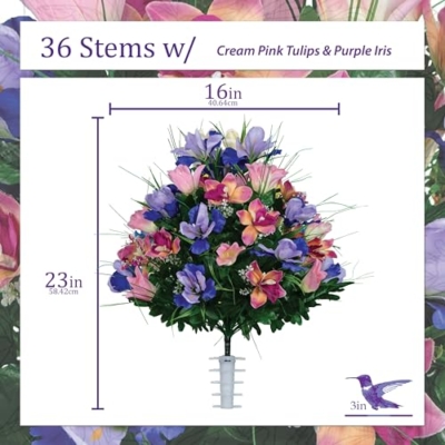 Product: Sympathy Silks Artificial Cemetery Flowers – Realistic Vibrant Tulips, Outdoor Grave Decorations - 1 Cream Pink Tulip Purple Iris Bouquet