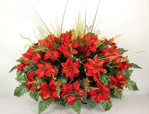 Silky Flower Store Artificial Christmas Red Poinsettia Cemetery Headstone Saddle, Memorial Vase Arrangement, 24 x 16 x 9 in 1 1 Product: Hshan Christmas Red Poinsettia's Cemetery Flower Arrangement, Cemetery Headstone Saddle for Memorial Cemetery Vase Arrangements, Thanksgiving or Christmas to Commemorate Loved one