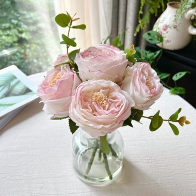Product: Bucoke Rose Artificial Flowers in vase, Vivid Faux Rose Flowers Arrangements, Austin Rose Centerpieces for Tables, Flower Ornaments and Flower Arts for Living Room (Champagne)