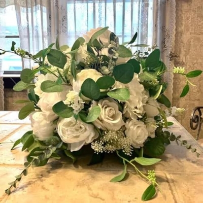 Product: White and Sage Green Wedding Table Arrangement, Guest Table Flower Ball, Wedding Floral Centerpiece, Made with Rose, Peony and Baby's Breath (40cm)