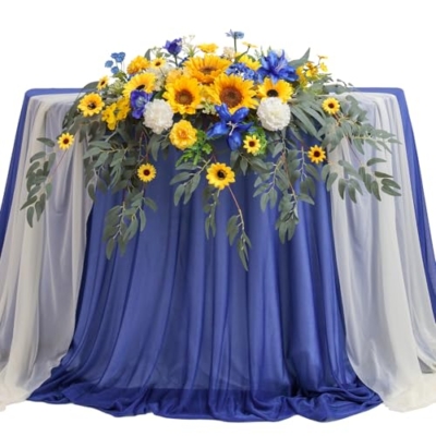 Product: TINGE TIME Artificial Sweetheart Flower Swag with Tablecloth and Table Runner, Pack of 3 Floral Arrangement for Wedding Sweetheart Table Centerpiece Decoration Valentine's Day (Sunflower&RoyalBlue)