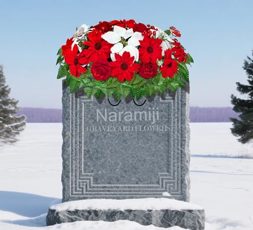 Product: Naramiji Artificial Cemetery Flowers -Headstone Flower Saddle- Gravesite Flowers Bouquet - Christmas Decorations-Poinsettia Dahlia Rose