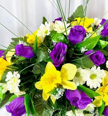 Product: Jucgghk Vivid and Realistic Floral Art Durable Purple and Yellow Headstone Cemetery Saddle, 22-24” Cemetery Flower Arrangement,Cemetery Memorial Flowers for Grave Tombstone Decorations