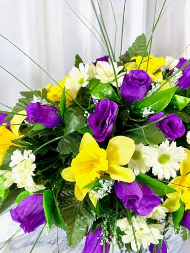 Product: Jucgghk Vivid and Realistic Floral Art Durable Purple and Yellow Headstone Cemetery Saddle, 22-24” Cemetery Flower Arrangement,Cemetery Memorial Flowers for Grave Tombstone Decorations