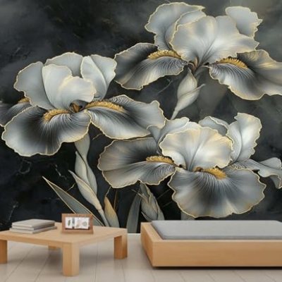 Product: Gray Iris Wall Mural Vintage Dark Floral Mural 3D Luxury Floral Wallpaper for Living Room Vintage Tropical Flower Murals Green Botanical Murals for Bedroom 169.3" x 118.2"