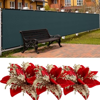 Product: SPORTYOUTH 3ft x 50ft Fence Privacy Screen Green and 30 Pcs Red Gold Poinsettia Artificial Christmas Flowers with Clips Stems