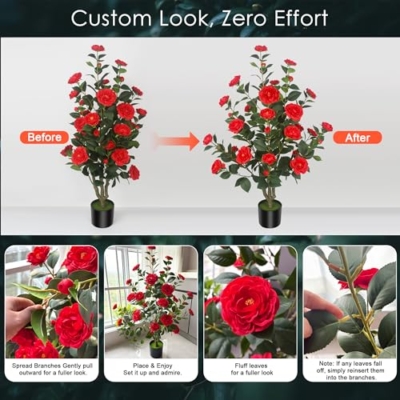 Silky Flower Store Artificial Camellia Tree, 2Pack Red Flowers, Cement Pots, 39.37in 9 9 Product: HanJoy 2Pack 39.37" Artificial Camellia Trees with 32 Red Flowers in Cement Pots – Lifelike Fake Trees for Front Porch, Home, Indoor Outdoor Spring Decor, Office or Housewarming Gifts