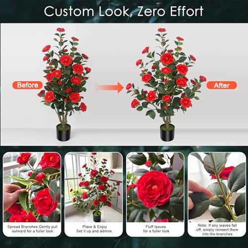 Silky Flower Store Artificial Camellia Tree, 2Pack Red Flowers, Cement Pots, 39.37in 2 2 Product: HanJoy 2Pack 39.37" Artificial Camellia Trees with 32 Red Flowers in Cement Pots – Lifelike Fake Trees for Front Porch, Home, Indoor Outdoor Spring Decor, Office or Housewarming Gifts
