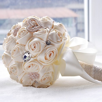 Product: Jackcsale Romantic Wedding Bride Holding Bouquet Roses with Diamond Pearl Ribbon Valentine's Day Bouquet Confession (373 CRM)