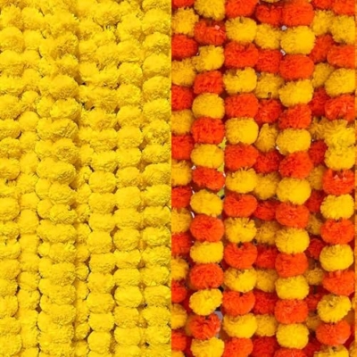 Product: MANTRAMART Artificial Marigold Flower Garlands – Pack of 10 (5 Multicolor & 5 Yellow) – Reusable Decorative Strings for Home, Event, Festival & Party Decor – 4.5 ft Each