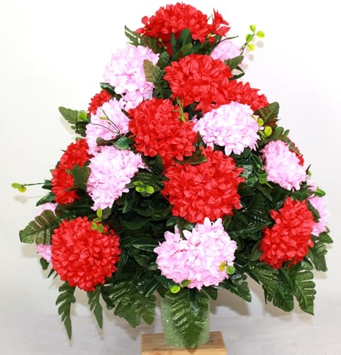 Product: Hshan Handcrafted Red and Pink Carnations Cemetery Vase Flower Arrangement, Elegant Artificial Flowers for Headstone Graves Memorial Day Tombstone