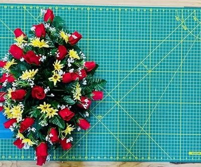 Product: Jucgghk Vivid and Realistic Floral Art Red-Yellow Artificial Headstone Cemetery Saddle, 22-24” Cemetery Flower Arrangement, Artificial Flowers for Grave Tombstone Decorations