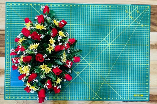 Product: Jucgghk Vivid and Realistic Floral Art Red-Yellow Artificial Headstone Cemetery Saddle, 22-24” Cemetery Flower Arrangement, Artificial Flowers for Grave Tombstone Decorations