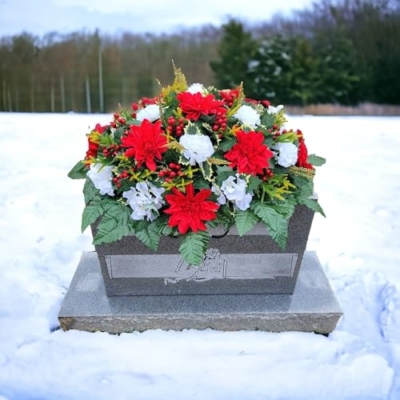 Product: Red and White Dahlia Headstone Saddle, Hydrangea and Carnations Grave Flowers for Decorations Cemetery Garland for Table Centerpiece Holiday Party Weddi