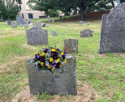Product: Jucgghk Vivid and Realistic Floral Art 36" Beautiful Purple and Yellow Flowers Cemetery Saddle, Headstone Saddle for Outdoor Cemetery Decoration