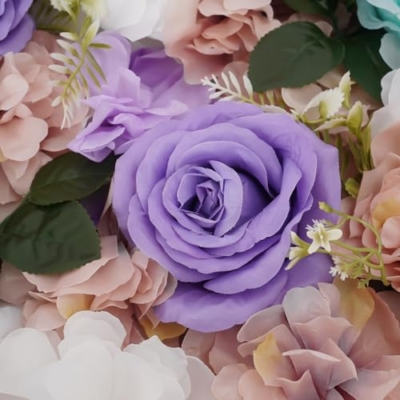 Product: JLYNOWPT 12 Pcs Artificial Flower Wall Panel, 15.7"x 23.6" Flower Wall Panel Backdrop with Grid Clip Connection Purple, Light Blue, White, Pink, Green 3D Silk Rose, Dahlia Floral Panel for Wedding