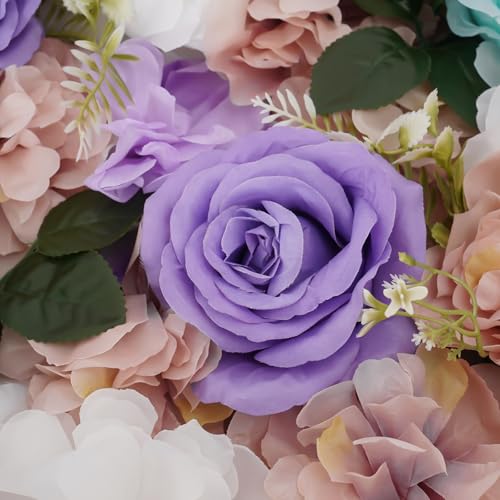 Product: JLYNOWPT 12 Pcs Artificial Flower Wall Panel, 15.7"x 23.6" Flower Wall Panel Backdrop with Grid Clip Connection Purple, Light Blue, White, Pink, Green 3D Silk Rose, Dahlia Floral Panel for Wedding