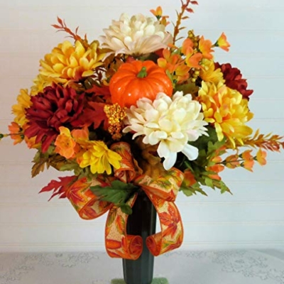 Product: Silk Florals & Frills 19 inch Fall Grave Arrangement, Cemetery Arrangement Fall, Fall Cemetery with Mums