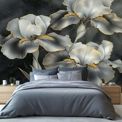 Product: Gray Iris Wall Mural Vintage Dark Floral Mural 3D Luxury Floral Wallpaper for Living Room Vintage Tropical Flower Murals Green Botanical Murals for Bedroom 169.3" x 118.2"