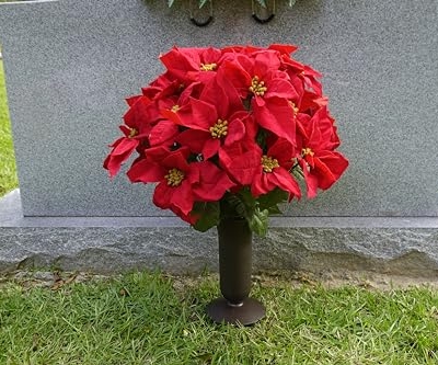 Product: Sympathy Silks Artificial Cemetery Flowers – Christmas Poinsettias, Outdoor Winter Grave Decorations - Red Poinsettia Bouquet