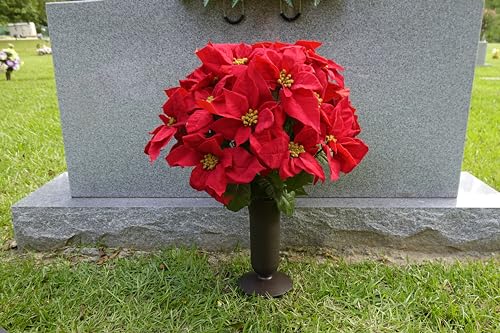 Product: Sympathy Silks Artificial Cemetery Flowers – Christmas Poinsettias, Outdoor Winter Grave Decorations - Red Poinsettia Bouquet