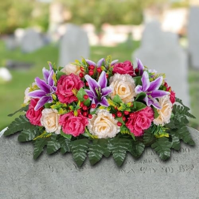 Product: LVXINLI Cemetery Headstone Flower Saddle -Outdoor Grave Decorations ，Mixed of Artificial Silk Rose and Lily for Tombstones (red, Saddle)