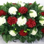 Product: Hshan Cream and Burgundy Carnations Cemetery Saddle Arrangement, Beautiful Silk Cemetery Flowers for Remembrance Grave Decorations