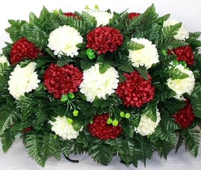 Product: Hshan Cream and Burgundy Carnations Cemetery Saddle Arrangement, Beautiful Silk Cemetery Flowers for Remembrance Grave Decorations