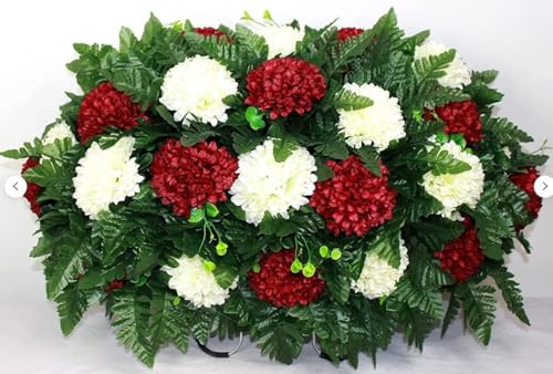 Product: Hshan Cream and Burgundy Carnations Cemetery Saddle Arrangement, Beautiful Silk Cemetery Flowers for Remembrance Grave Decorations
