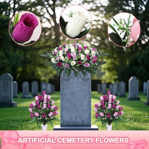 Product: Lodou Artificial Cemetery Flower Saddles for Graves, Cemetery Memorial Flowers with Vase and 2 Memorial Bouquets for Grave Tombstone,Outdoor Grave Saddle Headstone Decorations (Purple White)