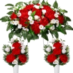 Product: Thiccywoov 3 Pcs Artificial Cemetery Flowers for Grave Funeral Headstone Saddle Mum Rose Bouquets with Vase Memorial Flowers for Outdoor Grave Tombstone Cemetery Decoration(Red)