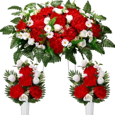 Product: Thiccywoov 3 Pcs Artificial Cemetery Flowers for Grave Funeral Headstone Saddle Mum Rose Bouquets with Vase Memorial Flowers for Outdoor Grave Tombstone Cemetery Decoration(Red)